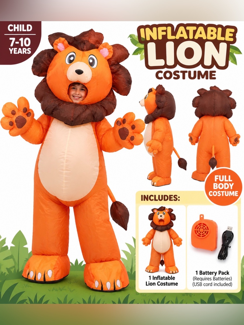 Inflatable Lion Halloween Costume Child 7-10 Years Full Body Animal Costume